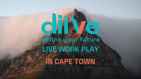 mist over mountain peak
text in turquoise and orange; diiVe define your future live work play in Cape Town