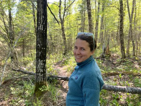 a woman with brown hair pulled back into a bun smiles at the camera. She is wearing a teal sweater and is standing in the woods.