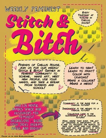 A bright yellow poster with the words "Stitch & Bitch" in pink across the top