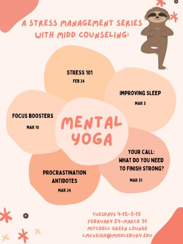 Cartoon sloth in yoga tree pose and abstract flower in peach tones with text.