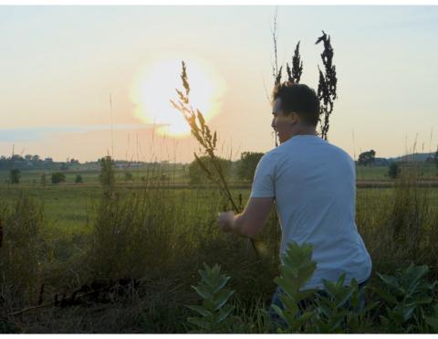 A man standing near a grassy field with the sun low in the sky.