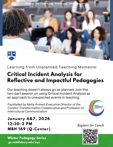 Event details poster with professor teaching class