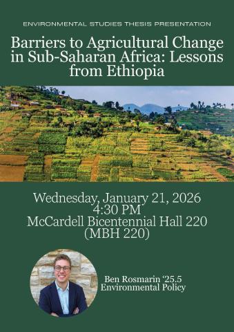 Image is a poster that includes event details, an image from Ethiopia, and a picture of the student presenter.