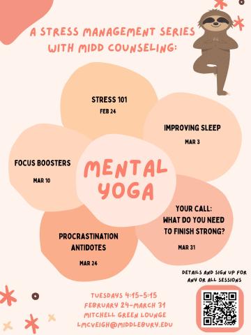 Cartoon sloth in yoga tree pose and abstract flower in peach tones with text.