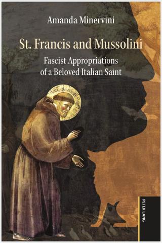 A book cover featuring St. Francis and a shadow image of Mussolini.