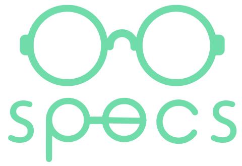 SPECS logo in mint green color, illustration of glasses with the word "specs" below