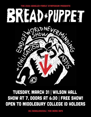 A black poster with a print-style image advertising the Bread and Puppet show.