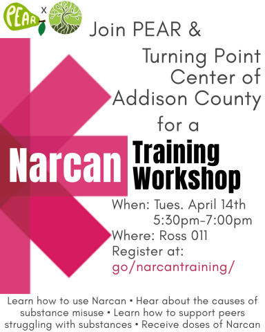 join PEAR and Turning Point Center of Addison County for a Narcan training workshop on April 14 from 5:30-7:00pm in Ross 011