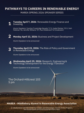 Poster for 2026 MAREA alumni speakers poster. Wind Turbine.