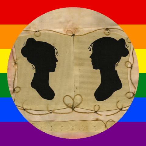 two women's black silhouettes face each other on a circular back manuscript that resides on a background of rainbow stripes