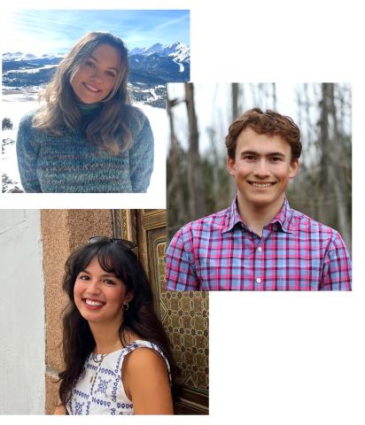 Three individual images. All taken outside. 2 girls, long hair, smiling. I guy, short hair, plaid shirt, smiling.