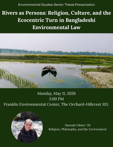 Image is a poster with the thesis title, date, time and location of the presentation and an image of the student and two boats in a river.