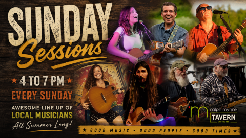 Promotional graphic for “Sunday Sessions” at Tavern on the Tee at Ralph Myhre Golf Course. The left side features a rustic dark wood background with large distressed cream-colored text reading “Sunday Sessions” in bold lettering. Below it, the graphic says “4 to 7 PM Every Sunday” and “Awesome Line Up of Local Musicians All Summer Long!”

The right side is a collage of six local musicians performing live with guitars and microphones in outdoor and stage settings. The performers include men …