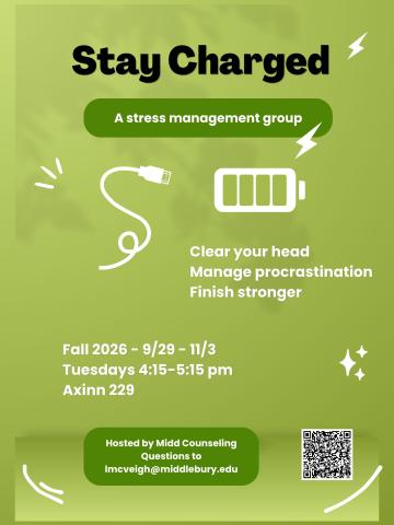 Charging cord, battery icon, QR code and text on a green background.