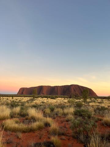 Table top rock formation with scrub grass at sunset