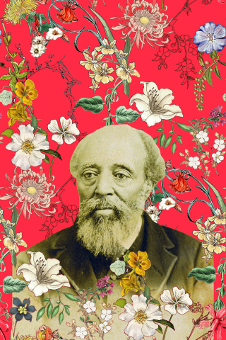 Martin Henry Freeman in the Foreground against a red background with flowers all around.
