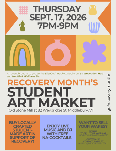 colorful poster advertising for a student art market on September 17th from 7-9p at the Old Stone Mill