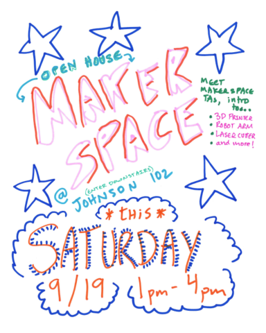 maker space open house saturday in johnson 102 saturday 9/19 from 1-4pm to meet TAs and learn intro to 3d printers laser cutter and more