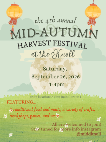 poster for 4th annual mid-autumn harvest festival at the knoll with background image of a moon rising over a grassy hill.