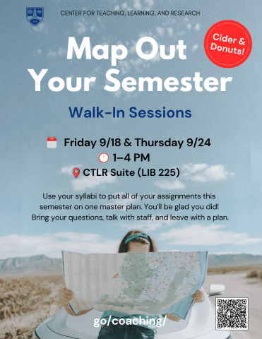 Event details poster with person sitting on car hood looking at map on desert road