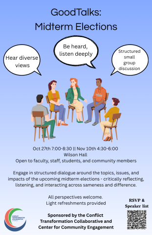Flyer for the GoodTalks: Midterm Election event featuring a group of people sitting in a circle talking.