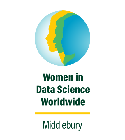 Circle with three faces and the text "Women in Data Science Worldwide: Middlebury.
