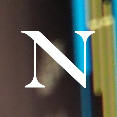 white capital letter N over a brown, blue, and gold background