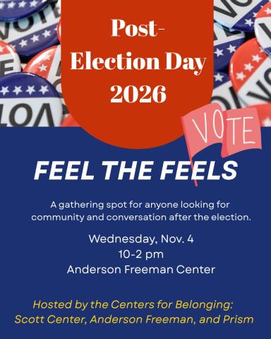 Red and blue poster with white and yellow text and a picture of vote buttons, describing a post-election community processing event