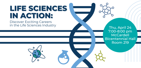 Blue lettering top left "Life Sciences in Action" over three parallel blue lines across center of image. DNA double strand to the right with scattered molecular icons, teal green circle with event details in white lettering