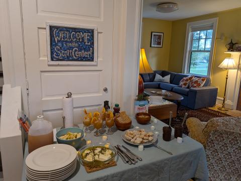 festive table at Scott Center set with appetizers and mocktails
