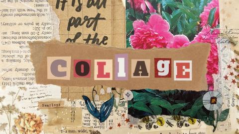 An image with a collaged background with cut paper pieces in the center that read "collage".