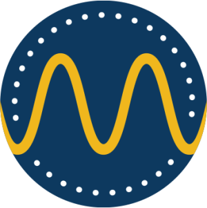 blue circle with wavy yellow letter M in center, white dots around circumference.