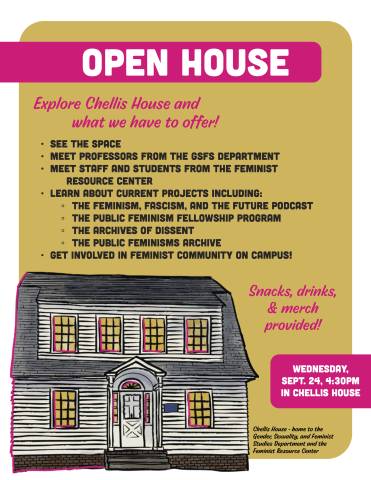 A yellow and pink flyer with details for an open house event. A drawing of a white house is featured in the bottom left corner.