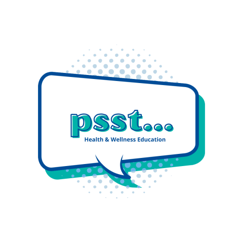 a speech bubble with teal text inside of it that reads "psst... Health & Wellness Education"