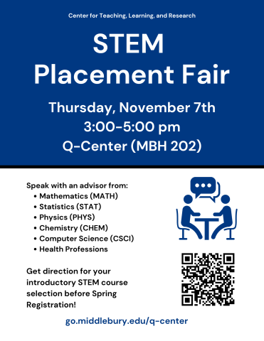 Event poster with text and two people talking at a table
