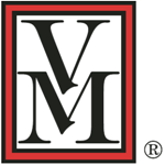 Red square with white center, black uppercase letters "VM" stacked V over M