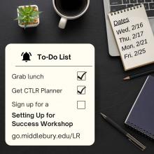 Image of a plant, a coffee cut, a computer keyboard, and a to-do list