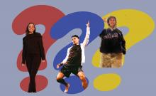 Three student dancers standing on red, blue, and yellow question marks