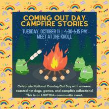 Flyer for Coming Out Day Campfire Stories. Illustration of frogs roasting s'mores over a campfire and holding various pride flags. Text reads: 'Celebrate National Coming Out Day with s'mores, roasted hot dogs, games, and campfire reflections! This is an LGBTQIA+ community event.' 