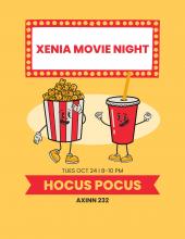 Yellow poster with popcorn and soda images advertising Hocus Pocus movie