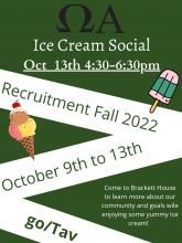 Green poster with Omega Alpha with ice cream cones for their recruitment party