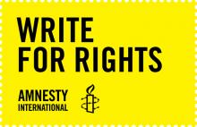 Yellow poster with the words Write for Rights printed on it