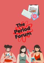 Pink poster with three women all holding a different feminine product advertising a forum to discuss women's issues