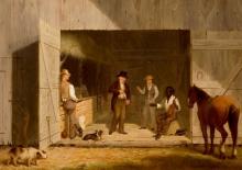 4 people in a barn with animals