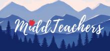 Illustration of blue mountains and pine trees with "Midd Teachers" in overlaid in handwriting. 