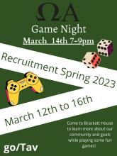 Green poster with Omega Alpha symbol with game controller and dice to symbolize game night