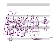 drawing of people on a music score