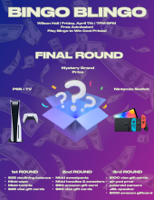 Open box with question marks popping out advertising a mystery grand prize for the final round of bingo.  There is a list of prizes for the 1st, 2nd and 3rd roungs
