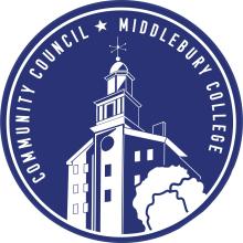 Blue background with white outline of Old Chapel and Community Council Middlebury College written in it