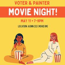 Orange and yellow poster with two people enjoying popcorn while watching a movie